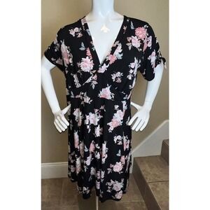 Torrid Dress Women Black Pink Flowers High Waist Deep V Tie Swing Size 26